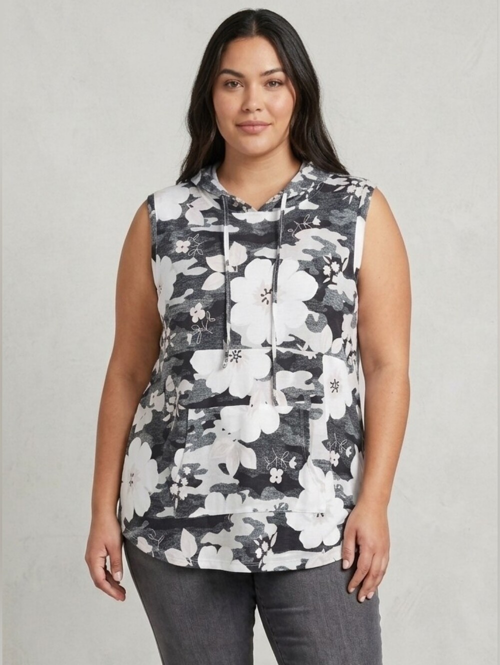 LuLaRoe Black/White Floral Camo Print "Brittany" Hooded Tank Top Size Large NWT